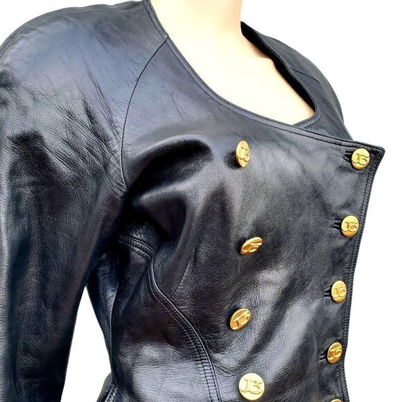 Vintage 80s Jitrois Black Lambskin Leather Military Jacket S Peplum - Picture 15 of 16